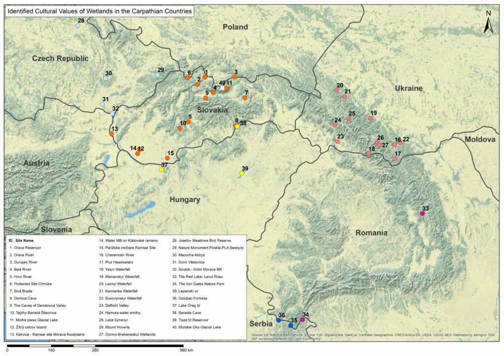 map of identified cultural values of wetlands in carpathian contries for project