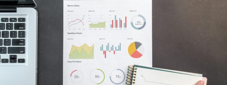 Overhead view of a business desk with charts and a laptop.